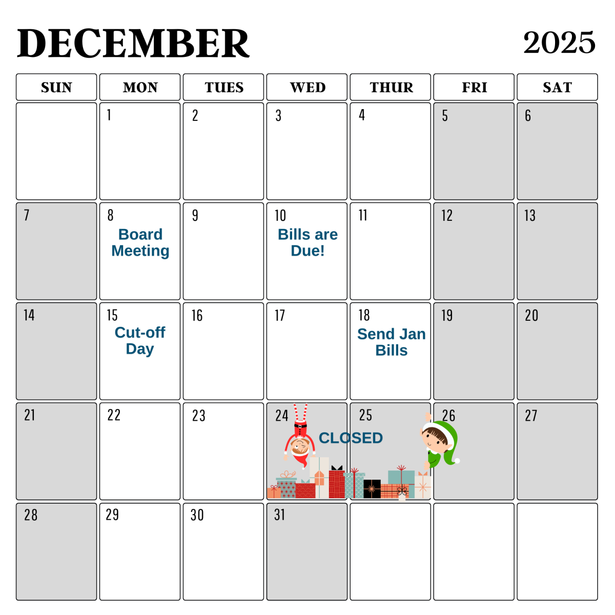 Calendar with grey tabs for closed days