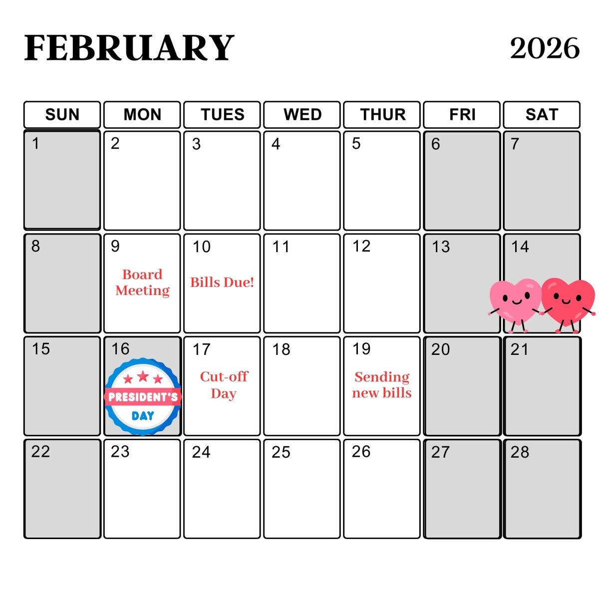 Calendar with grey tabs for closed days