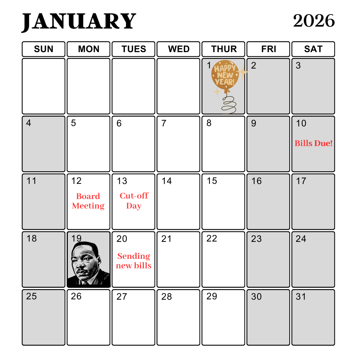 Calendar with grey tabs for closed days