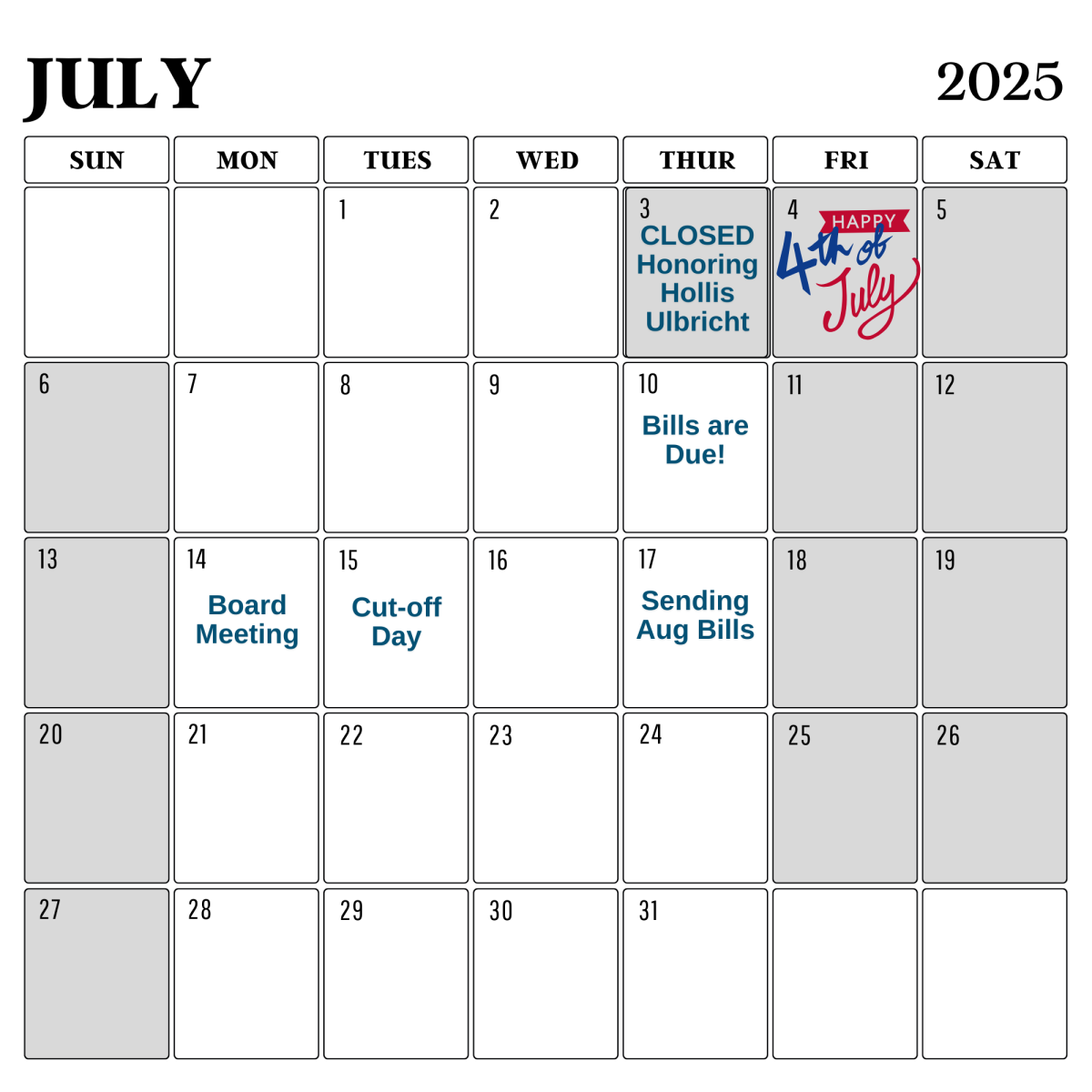 Calendar with grey tabs for closed days