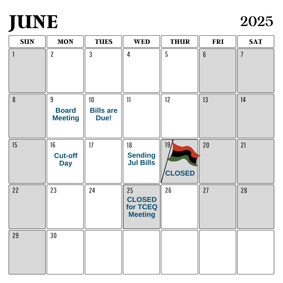 Calendar with grey tabs for closed days