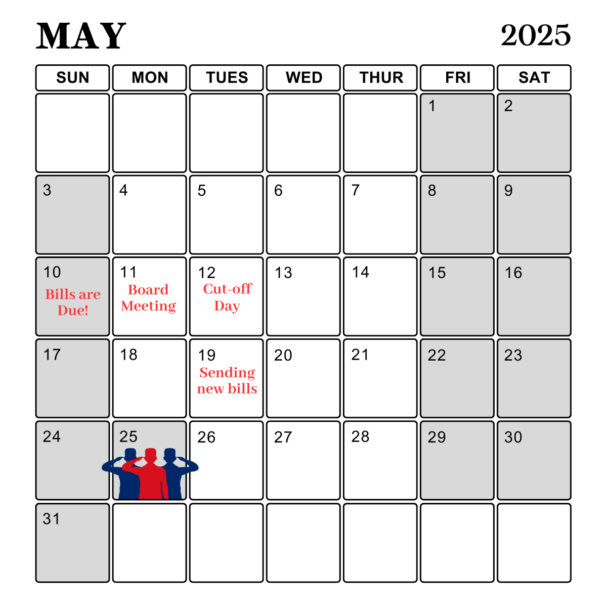 Calendar with grey tabs for closed days