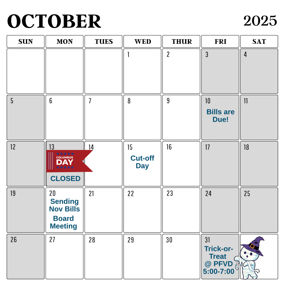 Calendar with grey tabs for closed days