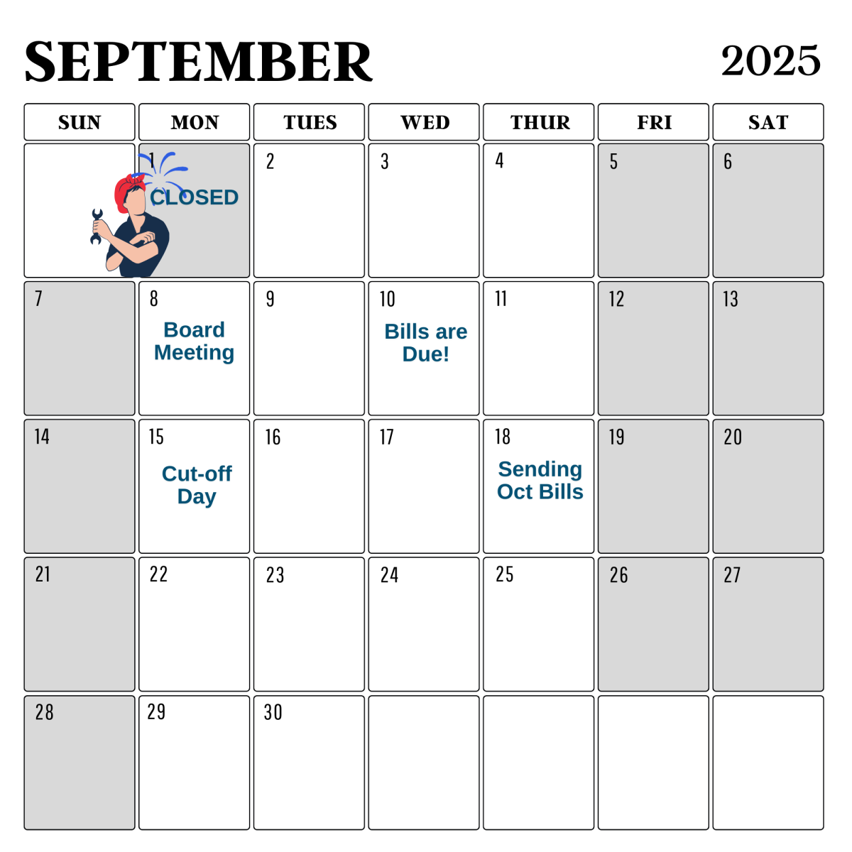 Calendar with grey tabs for closed days